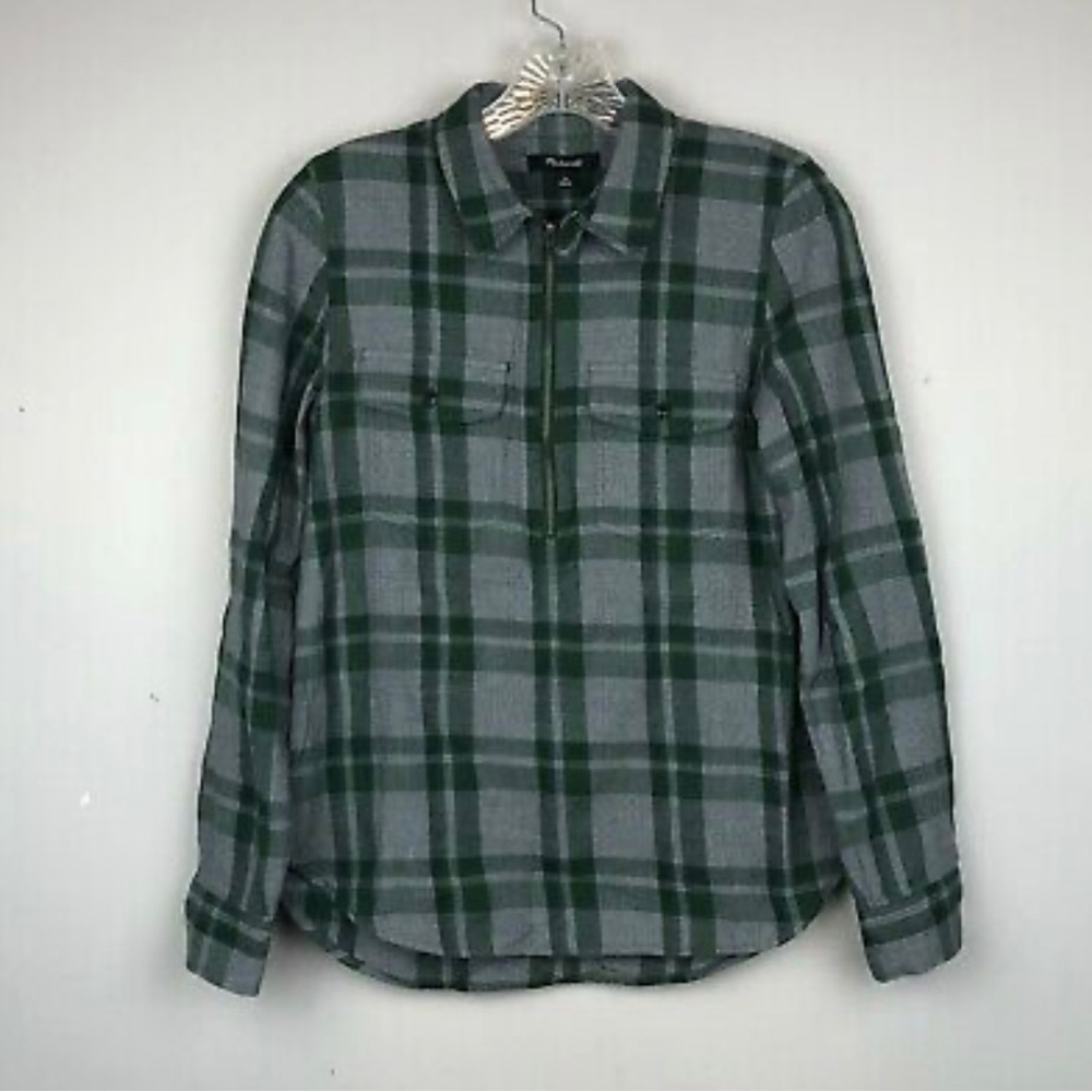 Madewell Women's Small Flannel 1/2 Zip Pop Over Green/Grey Plaid Shirt #F6722
